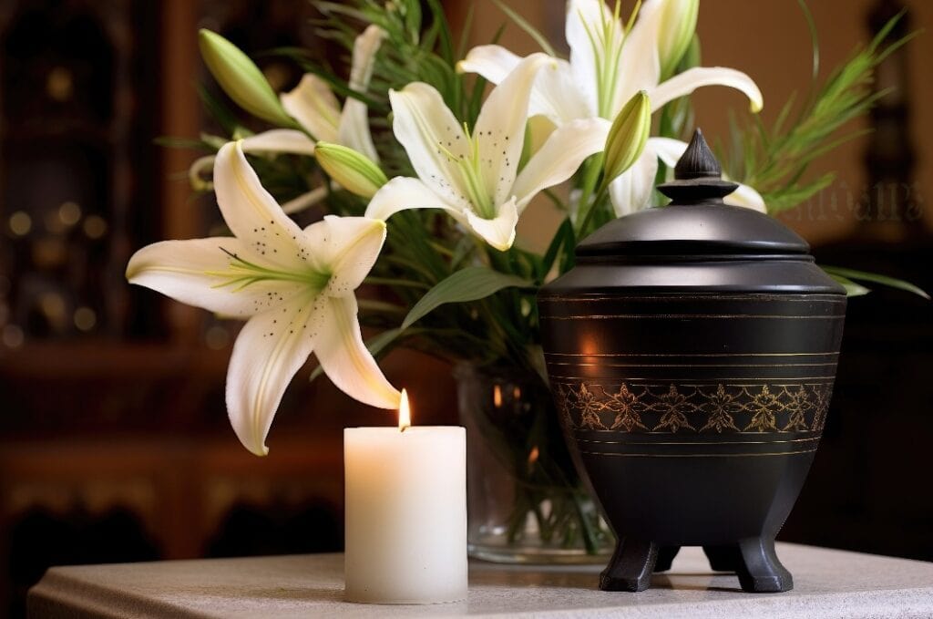 Urn with ashes in the church with white flowers. Funeral ceremony.